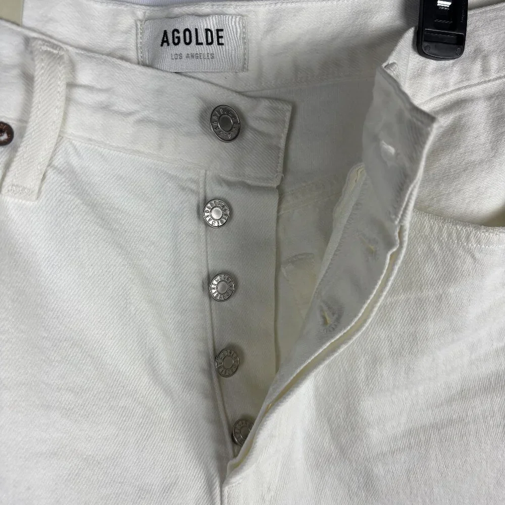30 Agolde High Rise Short Parker Long Organic Cotton White Button Closure Denim - Picture 6 of 16